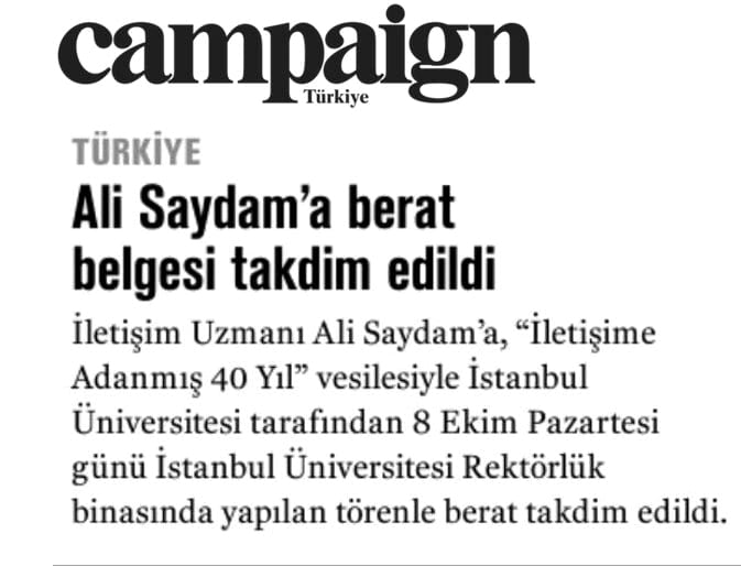 Campaign Türkiye dergisinde Ali Saydam'a berat belgesi takdim edilişini konu alan haber