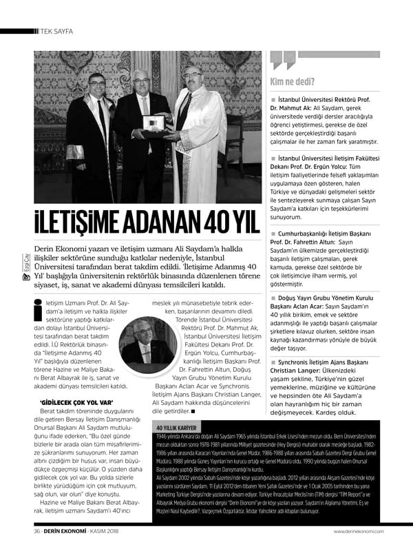 Derin Ekonomi dergisinde İletişime Adanan 40 Yıl başlıklı haber sayfası