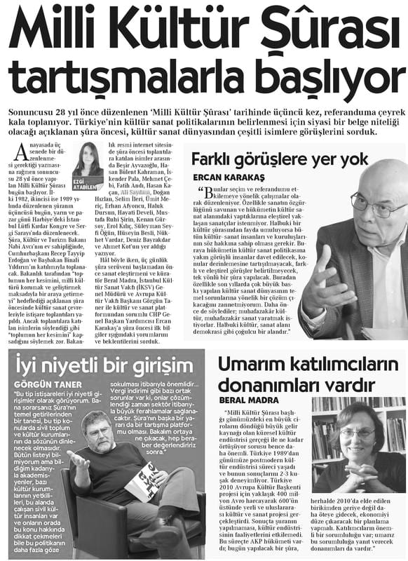Cumhuriyet gazetesinde Ali Saydam'ın Milli Kültür Şurası'na ilişkin söyleşi sayfası
