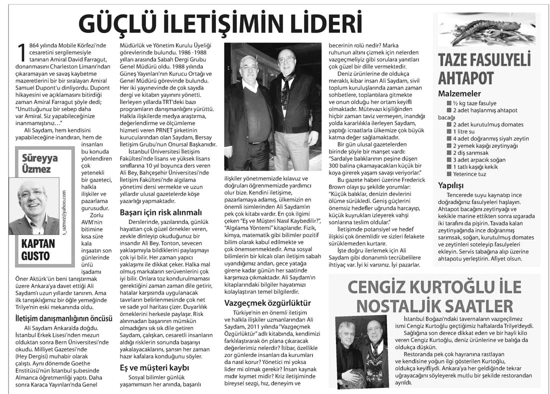 Milliyet Ankara gazetesinde Ali Saydam'ın “Güçlü İletişim Lideri” başlıklı söyleşi sayfası
