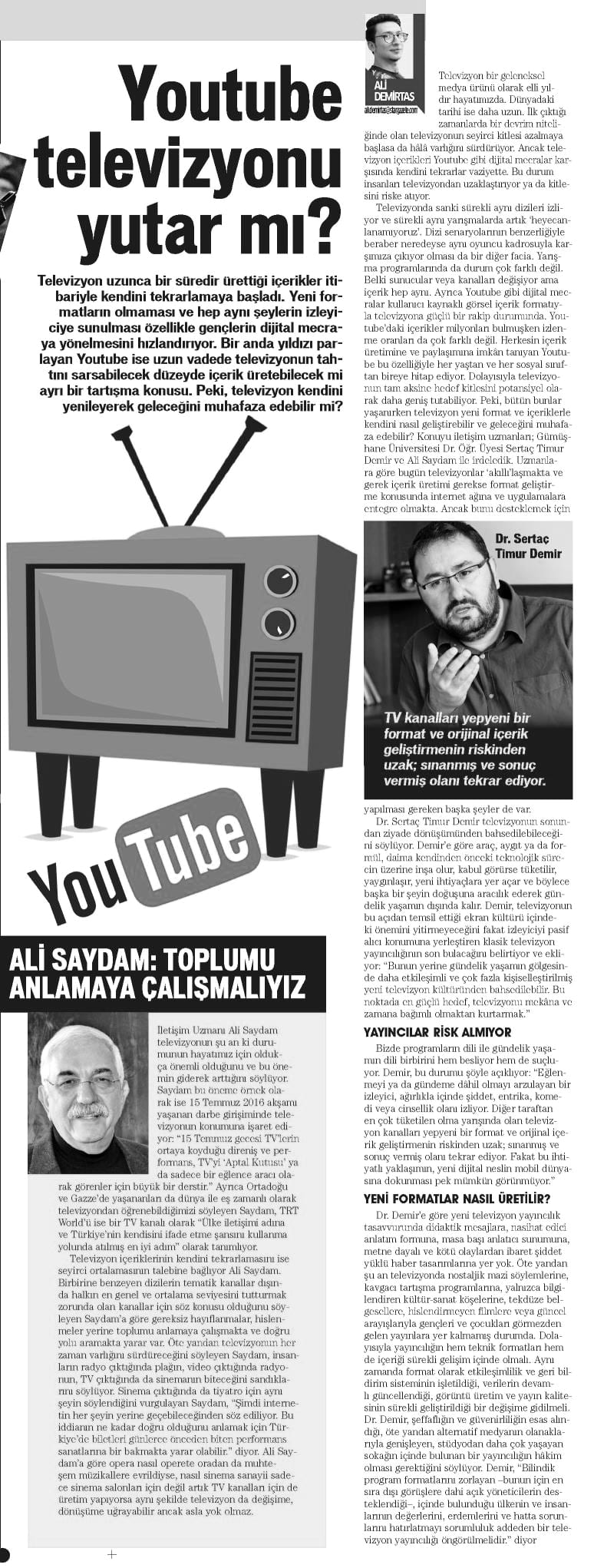 Star Cumartesi ekinde Ali Saydam'ın “Youtube Televizyonu Yutar Mı?” başlıklı söyleşi sayfası